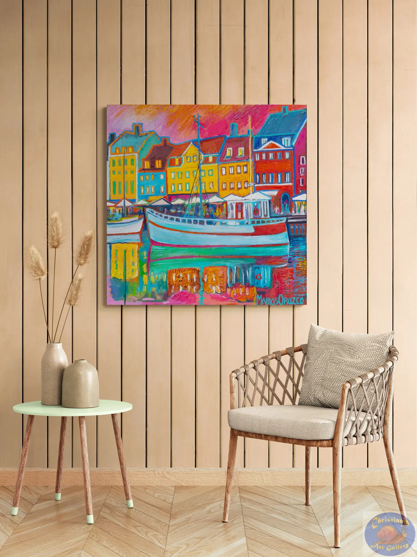 Pink Sky Green Reflection, 90X90 CM, Oil on canvas, By Marios Orozco, Christiania Art Gallery