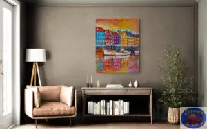 Orange Nyhavn Morning, 80X100 CM, Oil on canvas, By Marios Orozco, Christiania Art Gallery