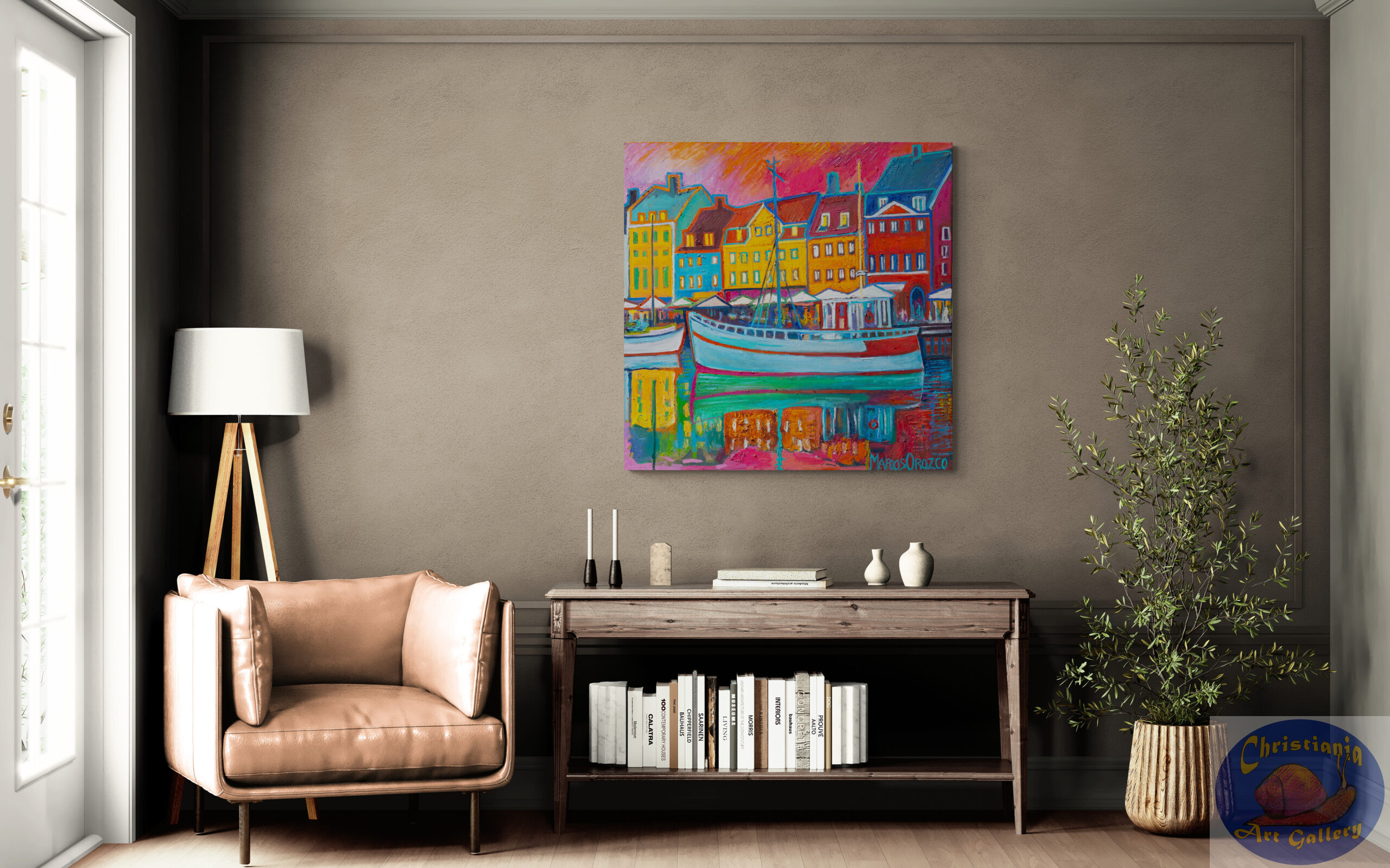 Pink Sky Green Reflection, 90X90 CM, Oil on canvas, By Marios Orozco, Christiania Art Gallery