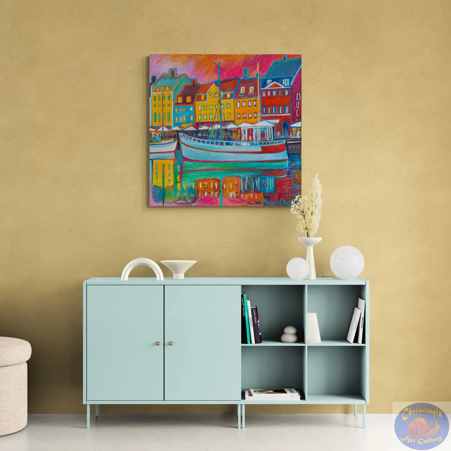 Pink Sky Green Reflection, 90X90 CM, Oil on canvas, By Marios Orozco, Christiania Art Gallery