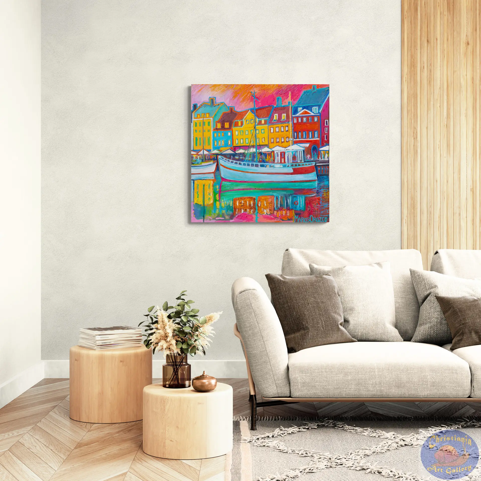 Pink Sky Green Reflection, 90X90 CM, Oil on canvas, By Marios Orozco, Christiania Art Gallery