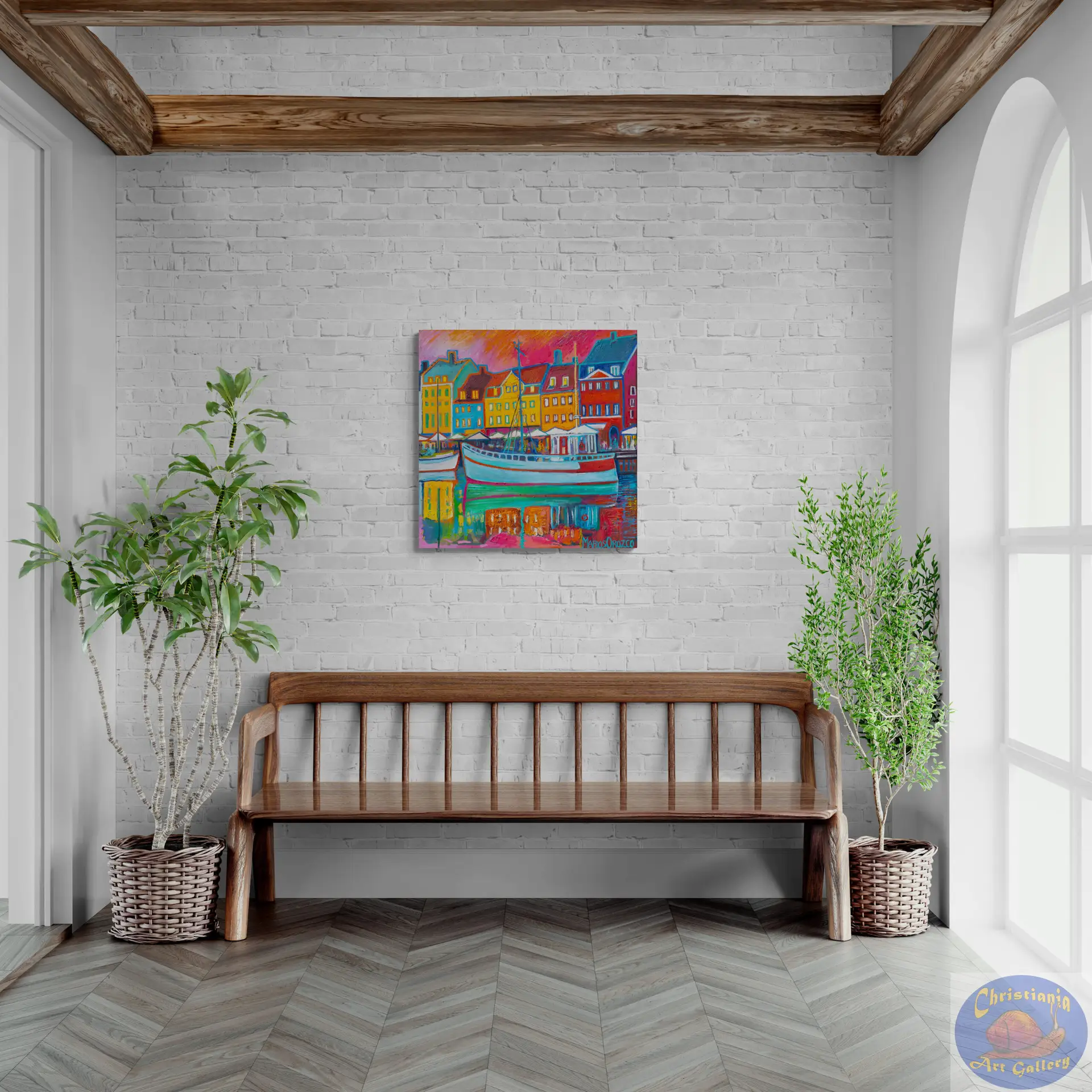 Pink Sky Green Reflection, 90X90 CM, Oil on canvas, By Marios Orozco, Christiania Art Gallery