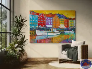 Yellow Sky Over Nyhavn, 170X120 CM, Oil on canvas, By Marios Orozco, Christiania Art Gallery