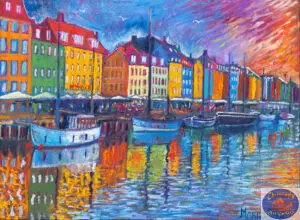 Rising Sun in Nyhavn, 125X92 CM, Oil on canvas, By Marios Orozco, Painted in October 2025, Christiania Art Gallery