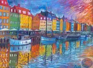 Rising Sun in Nyhavn, 125X92 CM, Oil on canvas, By Marios Orozco, Painted in October 2025, Christiania Art Gallery