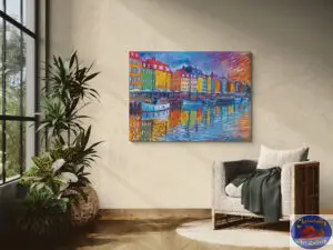 Rising Sun in Nyhavn, 125X92 CM, Oil on canvas, By Marios Orozco, Painted in October 2025, Christiania Art Gallery