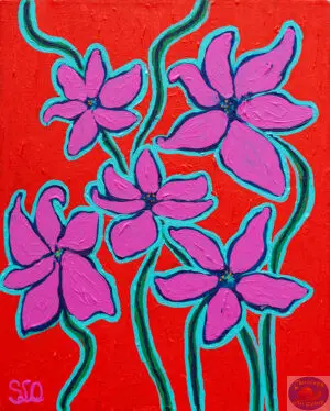 Blue Flowers on Turquoise, 40X50 CM, Acrylic on canvas, By Stephanie L. Orozco, Painted in April 2026, Christiania Art Gallery