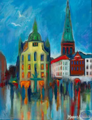 Blue Morning Stork Fountain, 92X120 CM, Oil on canvas, By Marios Orozco, Painted in March 2026, Christiania Art Gallery