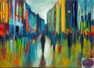 March Rain on Strøget, 140X100 CM, Oil on canvas, By Marios Orozco, Painted in March 2026, Christiania Art Gallery