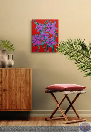 Blue Flowers on Turquoise, 40X50 CM, Acrylic on canvas, By Stephanie L. Orozco, Painted in April 2026, Christiania Art Gallery