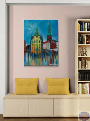 Blue Morning Stork Fountain, 92X120 CM, Oil on canvas, By Marios Orozco, Painted in March 2026, Christiania Art Gallery