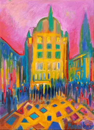 Pink Morning Amager Torv, 65X90 CM, Oil on canvas, By Marios Orozco, Painted in May 2026, Christiania Art Gallery