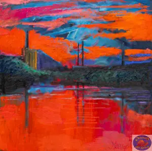 Red Sundown Over Christiania, 73X73 CM, Oil on canvas, By Marios Orozco, Painted in June 2026, Christiania Art Gallery