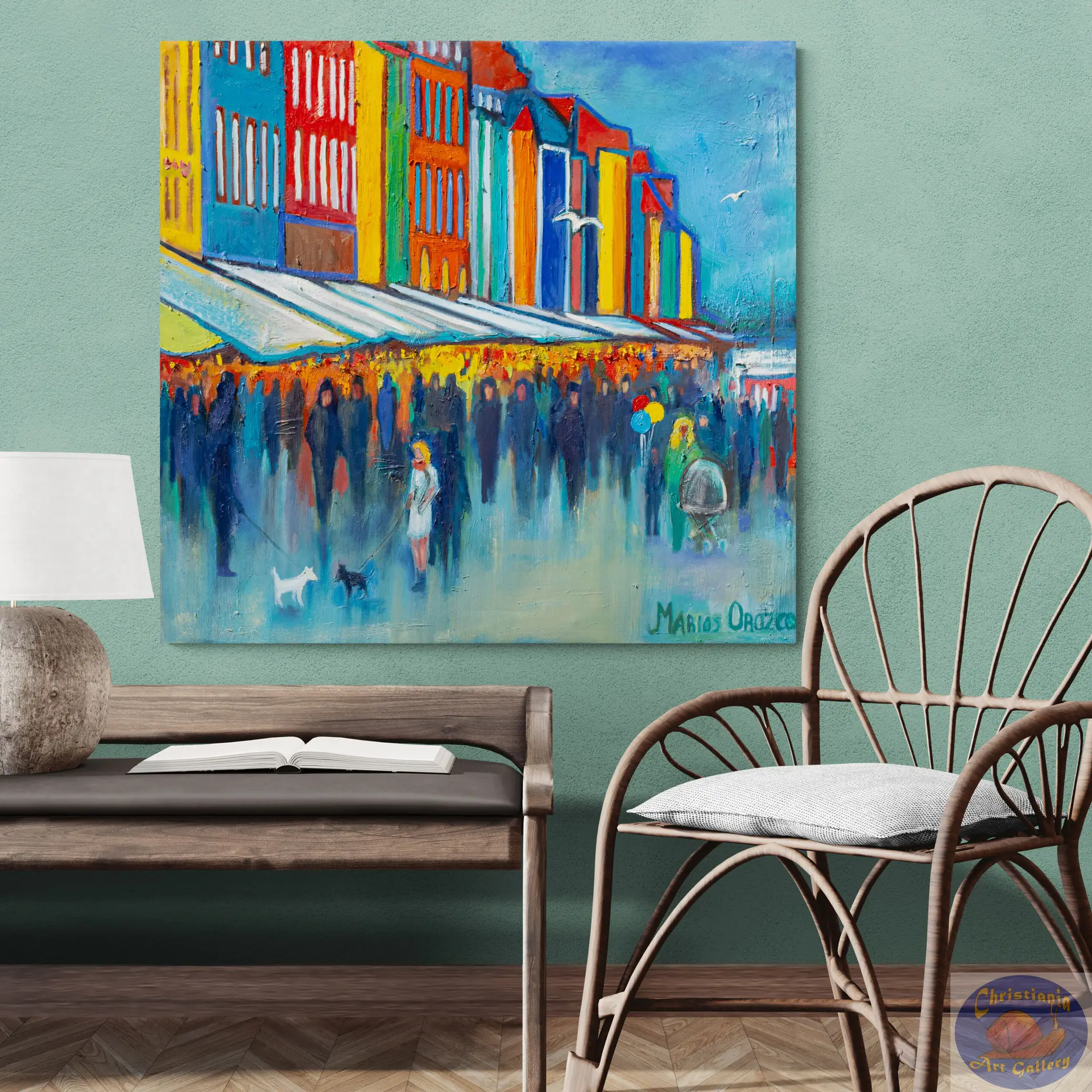 Spring Saturday in Nyhavn, 95X90 CM, Oil on canvas, By Marios Orozco, Painted in April 2026, Christiania Art Gallery