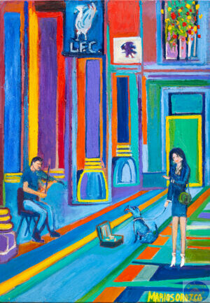 Music In Jorcks Passage, 70X100 CM, Oil on canvas, By Marios Orozco, Painted in August 2026, Christiania Art Gallery