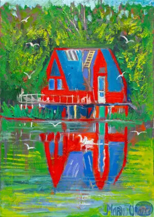 Red Blue Green & white, 50X70 CM, Oil on canvas, By Marios Orozco, Painted in August 2026, Christiania Art Gallery
